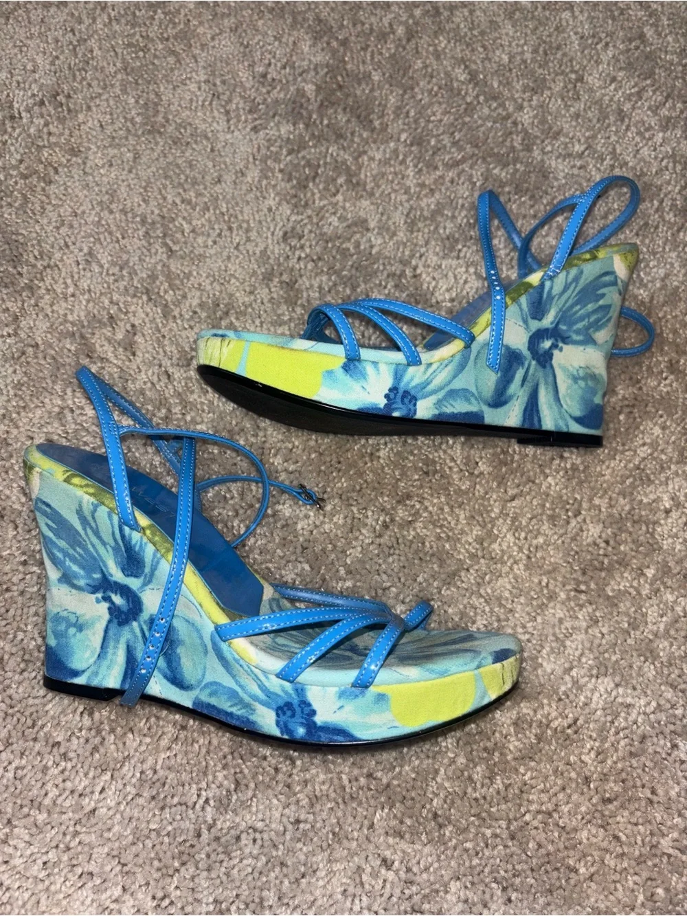Vintage Nine West Blue Lime Floral Strappy Platform Wedge Sandals Size 6.5